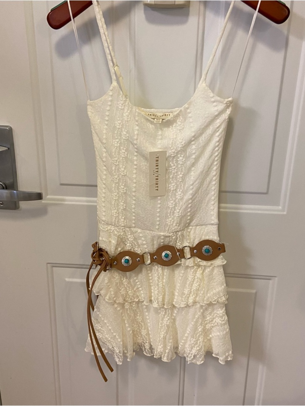 Cream Lace Tiered Sundress with Brown Turquoise Accent Belt